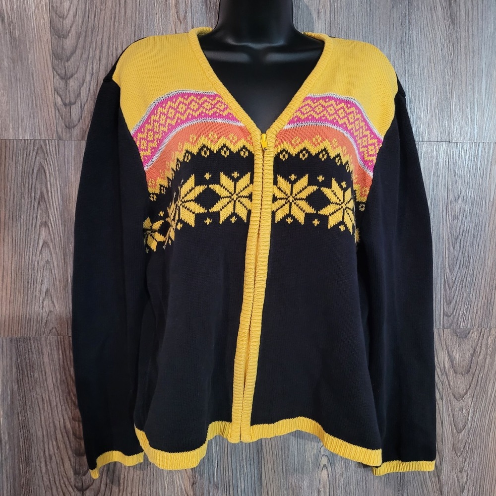 Casual Corner Fair Isle Cardigan XL Zip Up Black Multi Grandma Scandi Holiday